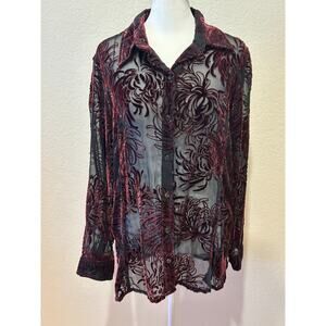 Chico's Burgundy Velvet Burnout Sheer Button Up Top Size S Vamp Whimsigoth